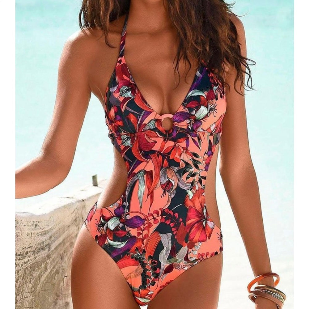 Boho Floral Cutout Halter Monokini One Piece - new